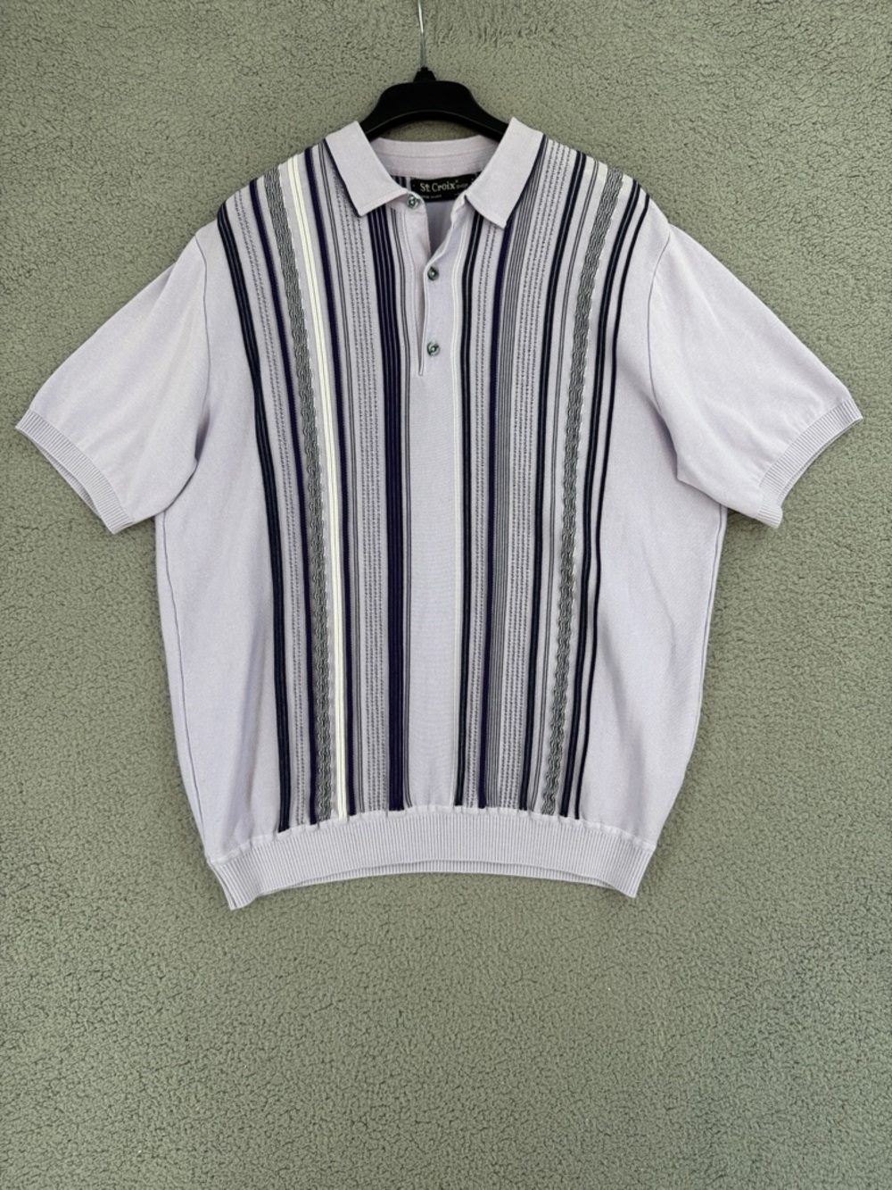 St. Croix Lavender Short Sleeve Polo Sweater Vertical raised Stripes Stretch